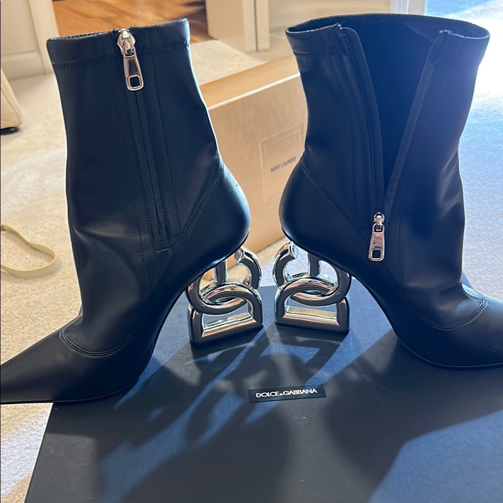 Dolce & Gabbana Black Ankle Boots with Silver Heels